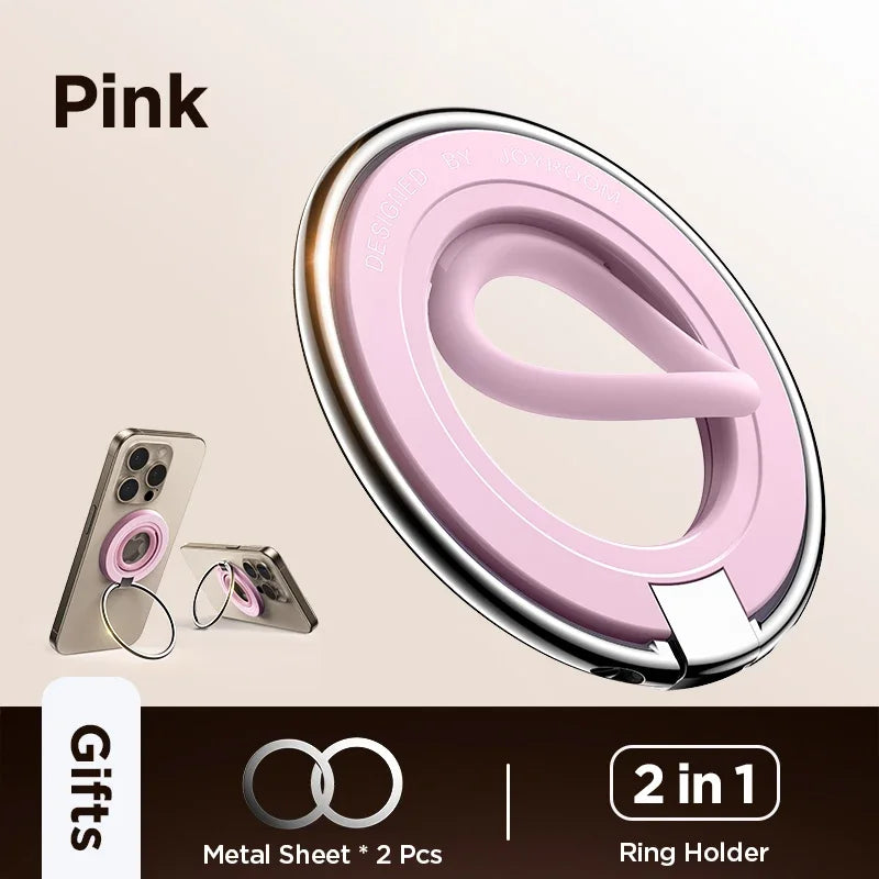 Pink Joyroom magnetic phone ring holder with 2-in-1 grip and stand function, shown on iPhones with included bonus metal sheets